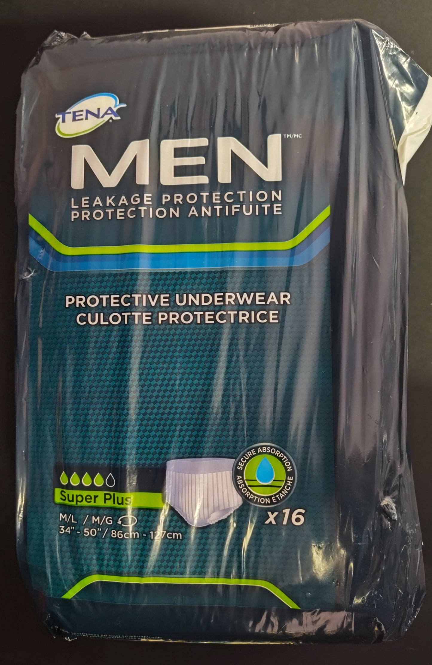 NEW - TENA for Men Heavy Protection Underwear, Super Plus Absorbency, size M/L, 16 Count - HW10025